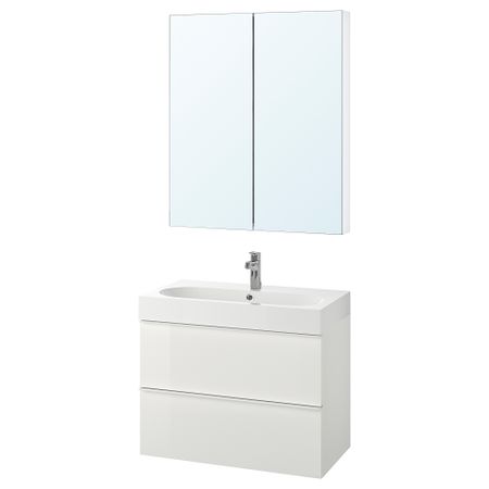Комплект мебели для ванной, 4 предмета, 80 см, глянцевый белый, БРОГРУНД смеситель IKEA BRÅVIKEN БРОВИКЕН, GODMORGON ГОДМОРГОН