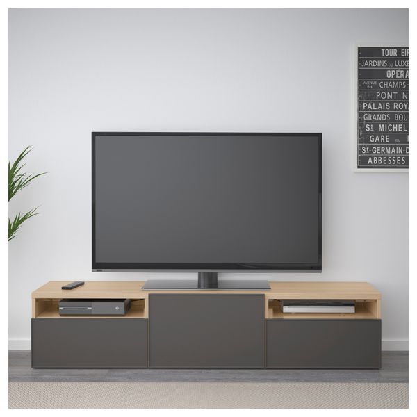 Тумба под ТВ БЕСТО, под беленый дуб, Грундсвикен темно-серый - фото 3