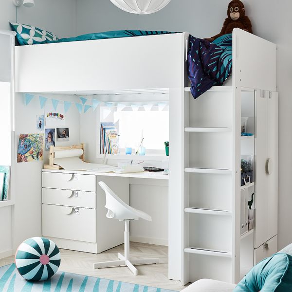 Кровать-чердак, белый серый/с письменным столом с 4 ящиками 90x200 см IKEA SMÅSTAD СМОСТАД 094.436.25 - схема-чертеж с размерами