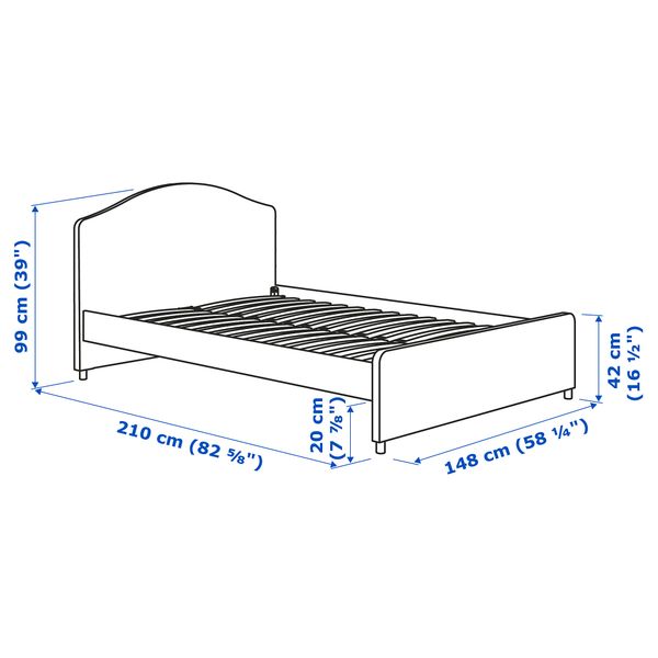 Каркас кровати с обивкой, 140x200 см, Vissle серый IKEA HAUGA ХАУГА 904.463.51 - схема-чертеж с размерами