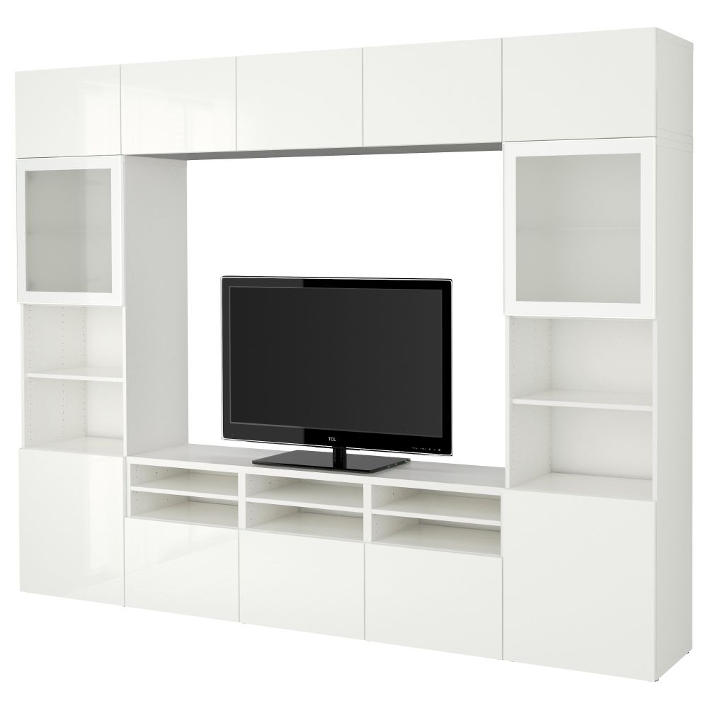 Шкаф для ТВ, комбинированный, стекляные дверцы БЕСТО, белый, Сельсвикен глянцевый/белый матовое стекло (300x40x230 см) - фото 1