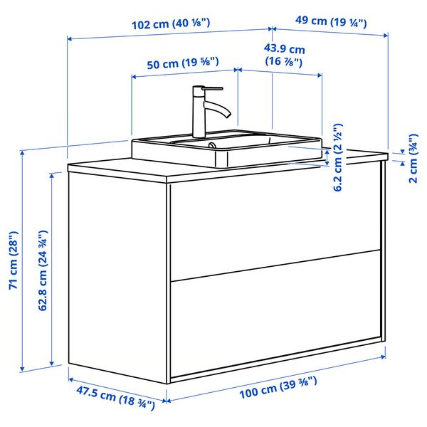 HAVBÄCK / ORRSJÖN ОРРШЁН Шкаф с ящиками/раковина/смеситель - схема-чертеж с размерами