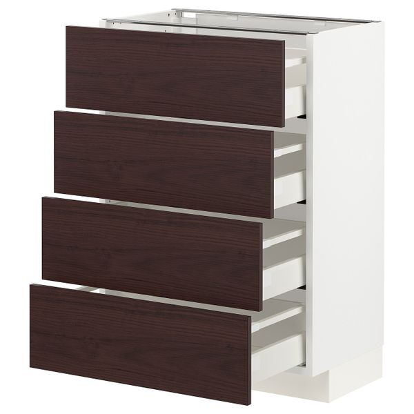 Напольный шкаф 4 фронтальных панели, 4 ящика, белый Аскерсунд/темно-коричневый под ясень 60x37 см IKEA METOD МЕТОД / MAXIMERA - фото 1