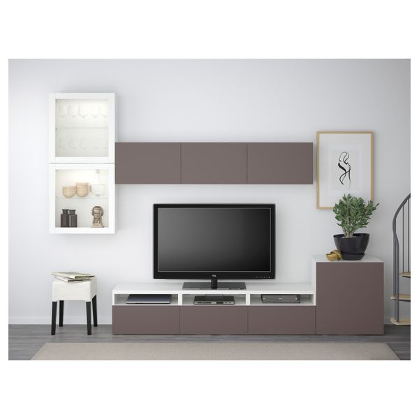 Шкаф для ТВ, комбинированный, стекляные дверцы БЕСТО, белый, Вальвикен темно-коричневый, прозрачное стекло (300x20/40x211 см) - схема-чертеж с размерами