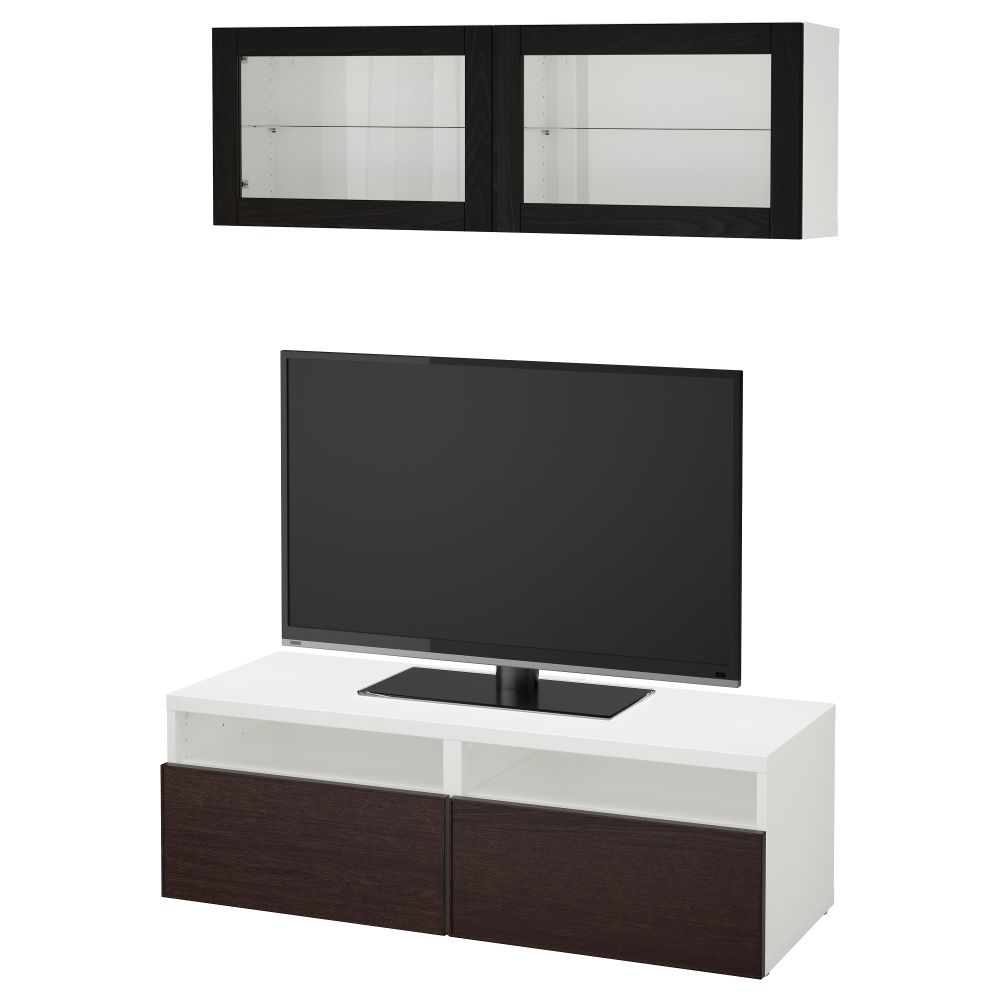 Шкаф для ТВ, комбинированный, стекляные дверцы БЕСТО, белый, Инвикен черно-коричневый прозрачное стекло (120x20/40x166 см) - фото 1