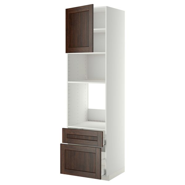 Высокий шкаф для духовки/СВЧ дверца, 2 ящика МЕТОД / МАКСИМЕРА, белый, Эдсерум коричневый - фото 1