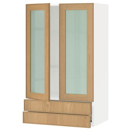 Навесной шкаф, 2 стеклянные дверцы, 2 ящика МЕТОД / ФОРВАРА, белый, Экестад дуб