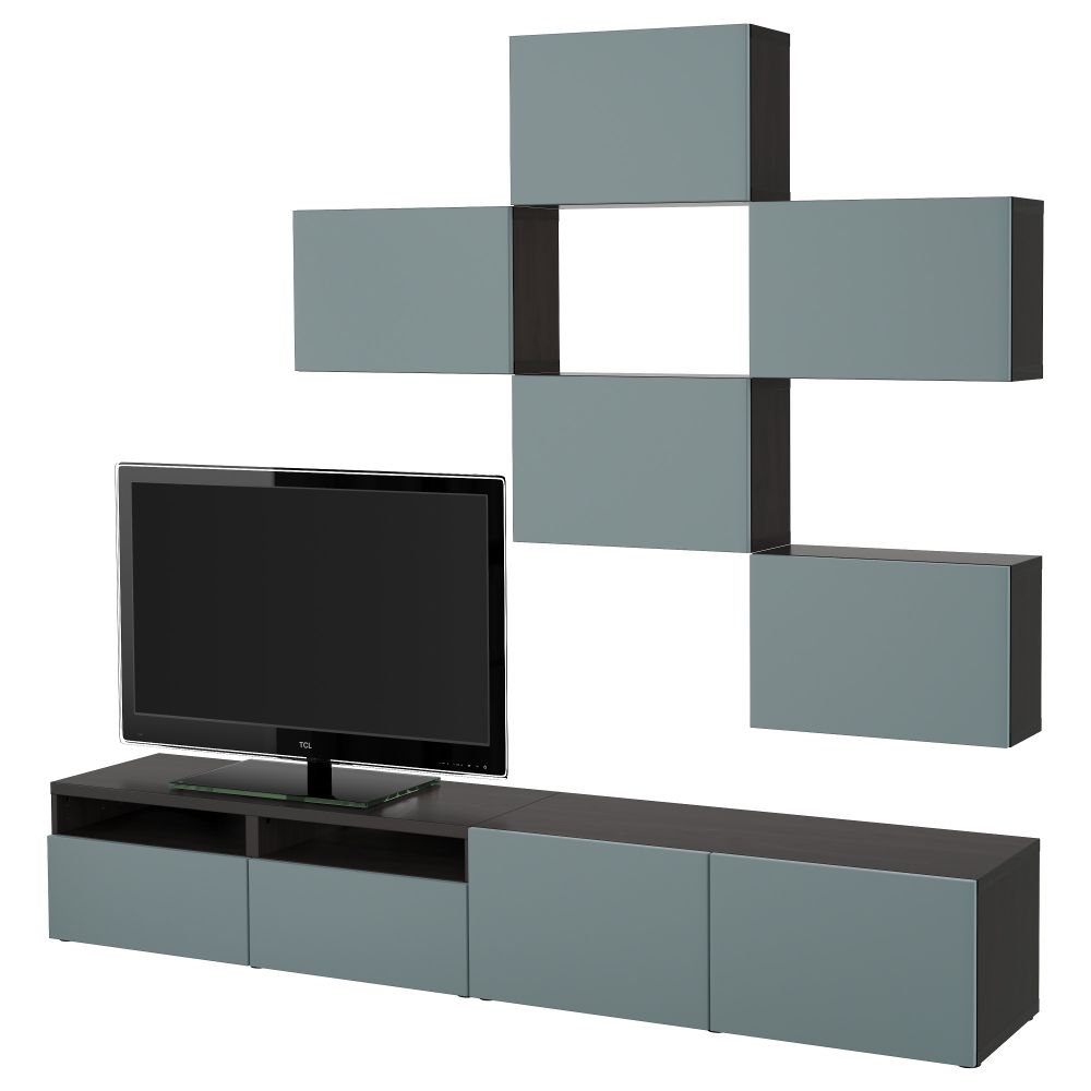 Шкаф для ТВ, комбинация БЕСТО, черно-коричневый, Вальвикен серо-бирюзовый (240x20/40x204 см) - фото 1