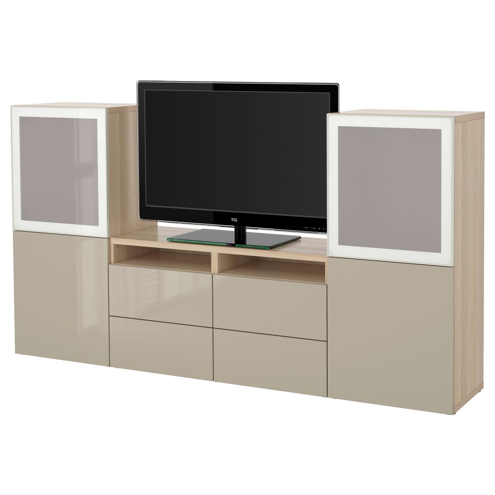 Шкаф для ТВ, комбинированный, стекляные дверцы БЕСТО, под беленый дуб, Сельсвикен глянцевый/бежевый матовое стекло (240x40x128 - фото 1