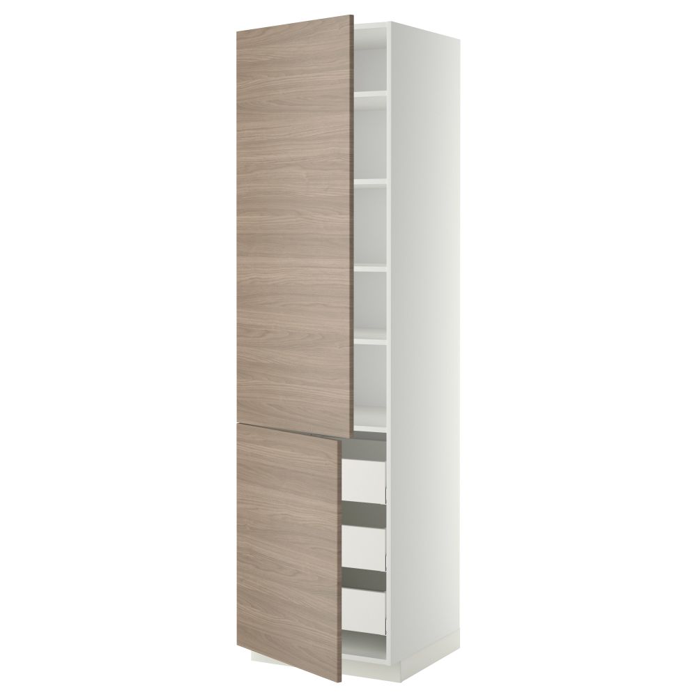 Высокий шкаф + полки, 3 ящика, 2 дверцы МЕТОД / МАКСИМЕРА, белый, Брокхульт светло-серый - фото 1