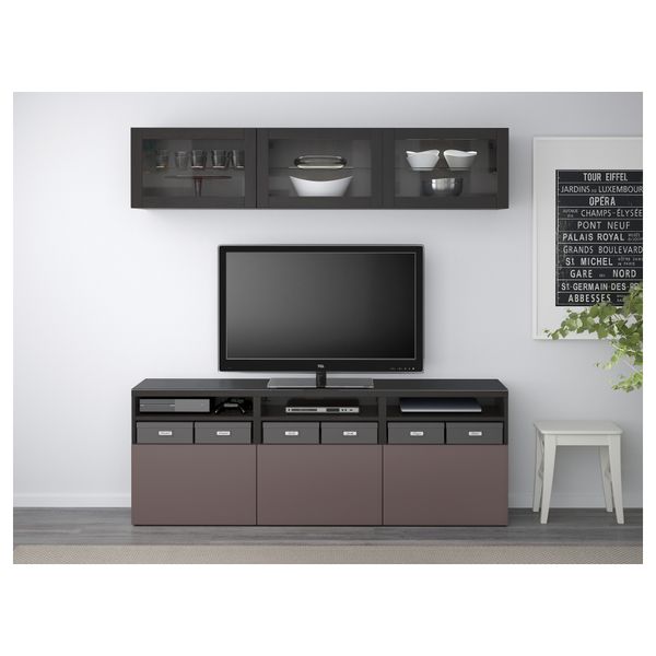 Шкаф для ТВ, комбинированный, стекляные дверцы БЕСТО, черно-коричневый, Вальвикен темно-коричневый, прозрачное стекло - схема-чертеж с размерами