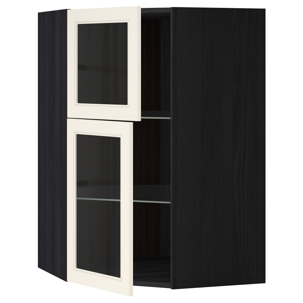 Угловой навесной шкаф + полки, 2 стеклянные дверцы МЕТОД, черный, Хитарп белый с оттенком (68x100 см) - схема-чертеж с размерами