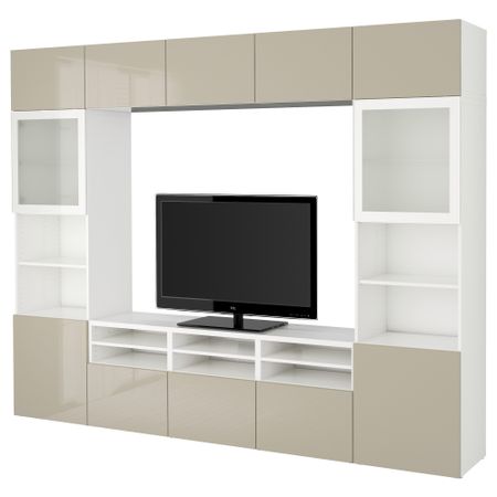 Шкаф для ТВ, комбинированный, стекляные дверцы БЕСТО, белый, Сельсвикен глянцевый/бежевый матовое стекло (300x40x230 см)