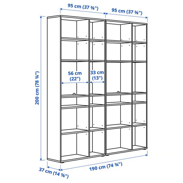VIHALS Комбинация стеллажей - белый 190x37x200 см - схема-чертеж с размерами