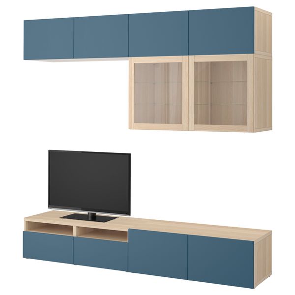 Шкаф для ТВ, комбинированный, стекляные дверцы БЕСТО, под беленый дуб Вальвикен, темно-синий прозрачное стекло (240x40x230 см) - фото 1