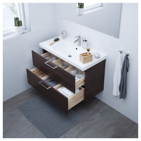 Шкаф для раковины с 2 ящиками ГОДМОРГОН / ОДЕНСВИК, черно-коричневый (100x49x64 см) - фото 2