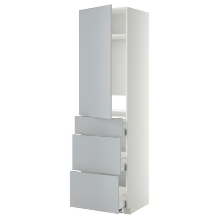 Высокий шкаф для холодильника, с дверцами, 3 ящика МЕТОД / МАКСИМЕРА, белый, Веддинге серый (60x60x220 см)