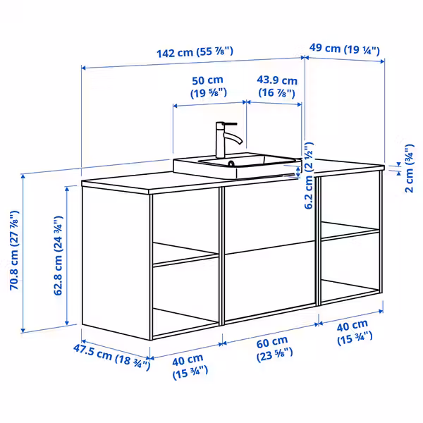 HAVBÄCK / ORRSJÖN ОРРШЁН Шкаф п-раковину/раковина/смеситель - схема-чертеж с размерами