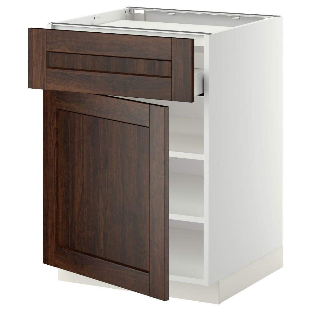 Напольный шкаф для варочной панели, ящик, полка, дверцы МЕТОД / МАКСИМЕРА, белый, Эдсерум коричневый (60x60 см) - фото 1