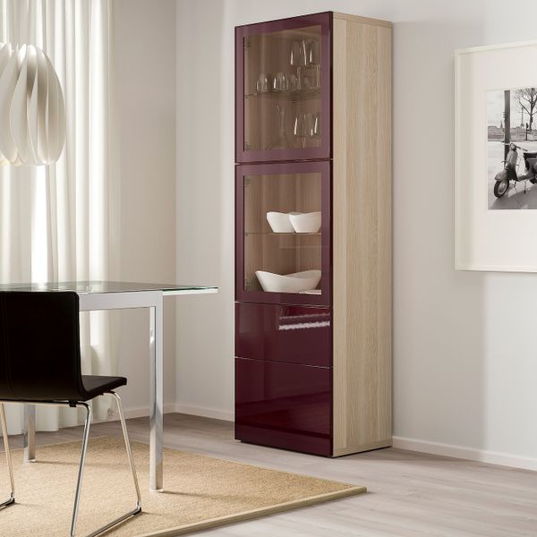 Комбинация для хранения + стеклянная дверц, под беленый дуб Сельсвикен/темный красно-коричневый прозрачное стекло 60x42x193 см - схема-чертеж с размерами