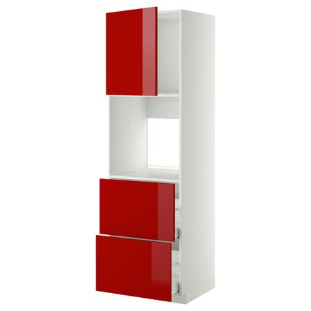 Высокий шкаф для духовки + дверца, 2 форнтальных, 2 высоких ящик МЕТОД / МАКСИМЕРА, белый, Рингульт красный