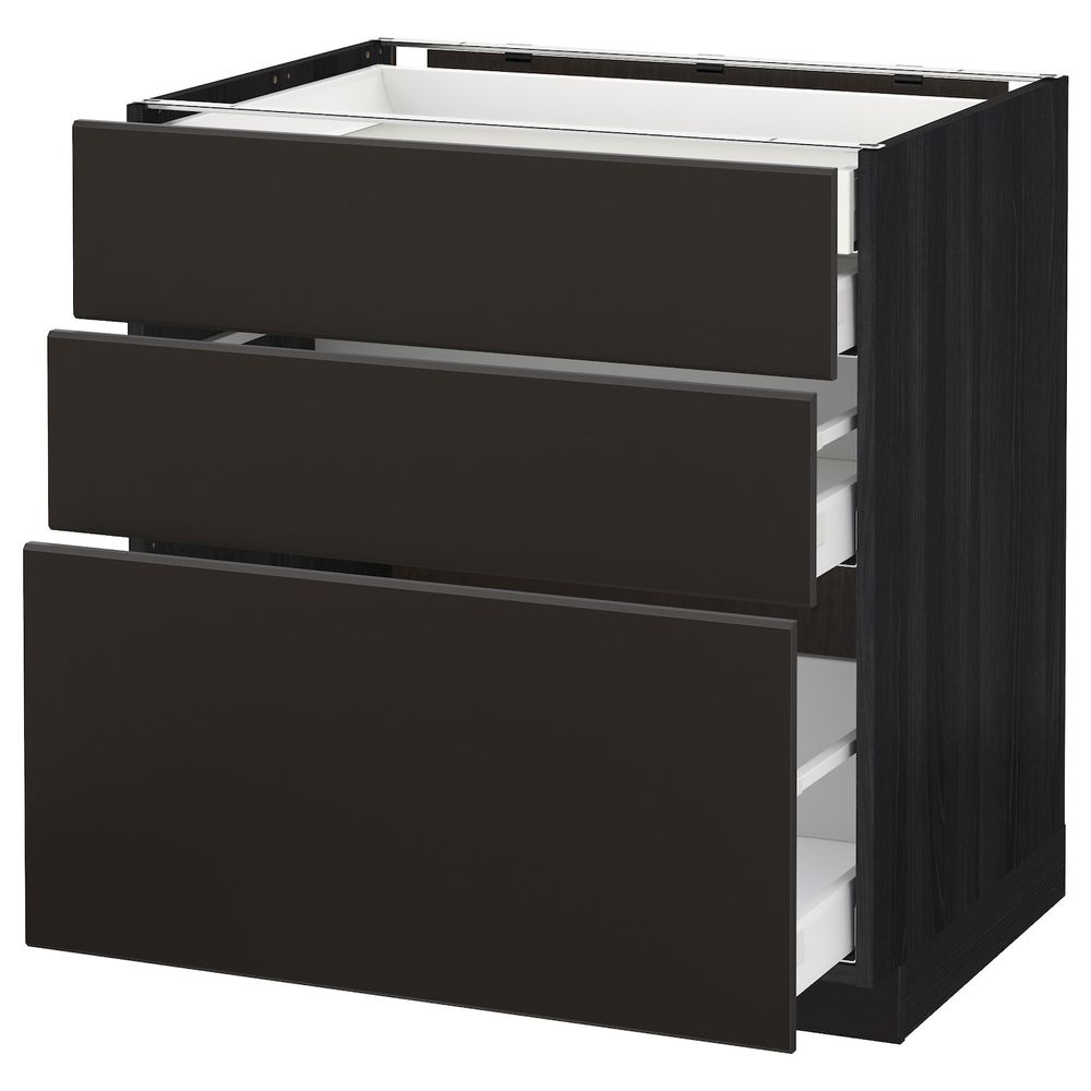 Напольный шкаф 3 фронтальные панели, 2 низких, 1 средний, 1 встроенный ящ, черный/Кунгсбакка антрацит 80x60 см IKEA МЕТОД / - схема-чертеж с размерами