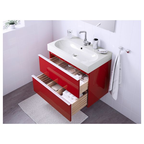 Шкаф для раковины с 2 ящиками ГОДМОРГОН / БРОВИКЕН, глянцевый красный, светло-серый (80x49x68 см) - фото 4