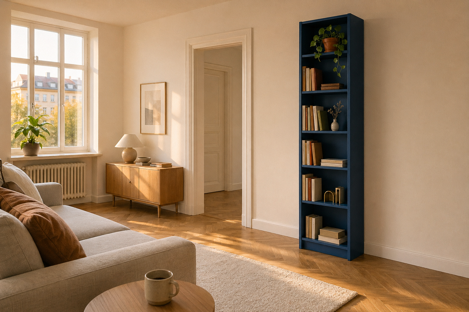 Синий IKEA BILLY 40×202 см в светлой скандинавской гостиной — книги в нейтральных тонах, золотистый свет из окна