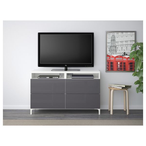 Тумба для ТВ с ящиками БЕСТО, белый, Сельсвикен глянцевый/серый (120x40x74 см) - фото 2