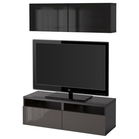 Шкаф для ТВ, комбинированный, стекляные дверцы БЕСТО, черно-коричневый, Сельсвикен глянцевый/серый дымчатое стекло