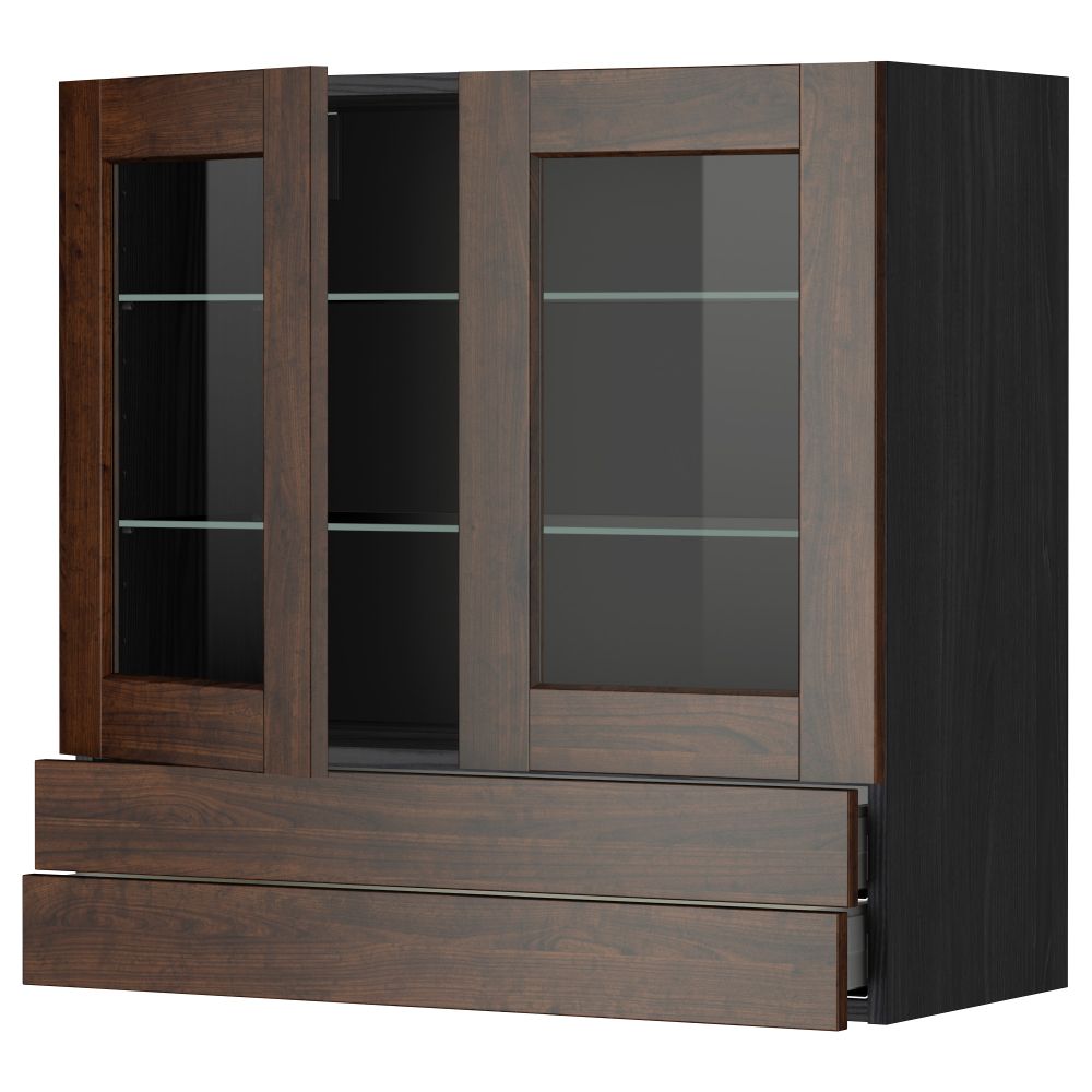 Навесной шкаф, 2 стеклянные дверцы, 2 ящика МЕТОД / МАКСИМЕРА, черный, Эдсерум коричневый - фото 1
