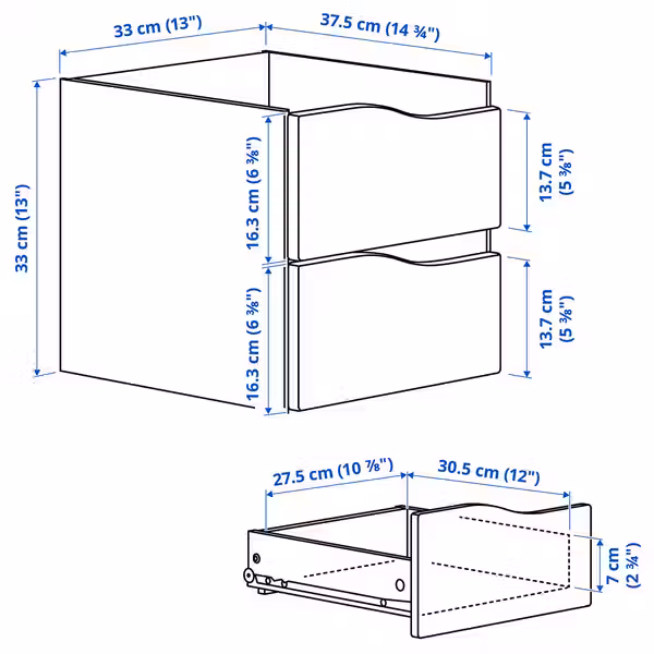 KALLAX Вставка с 2 ящиками - волнистый/серо-синий светлый 33x33 см - схема-чертеж с размерами