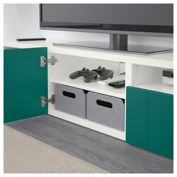 Тумба под ТВ с ящиками и дверцей БЕСТО, белый, Халлставик сине-зеленый (180x40x38 см) - фото 3