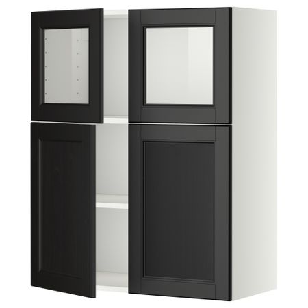 Навесной шкаф, полки, 2 двери, 2 стеклянные дверцы МЕТОД, белый, Лаксарби черно-коричневый (80x100 см)