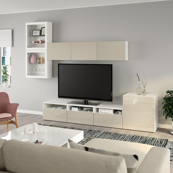 Шкаф для ТВ, комбинированный, стекляные дверцы, белый/Сельсвикен глянцевый, бежевый прозрачное стекло 300x42x211 см IKEA BESTÅ - фото 6