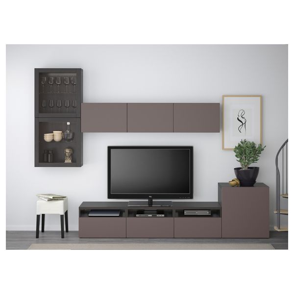 Шкаф для ТВ, комбинированный, стекляные дверцы БЕСТО, черно-коричневый, Вальвикен темно-коричневый, прозрачное стекло - схема-чертеж с размерами