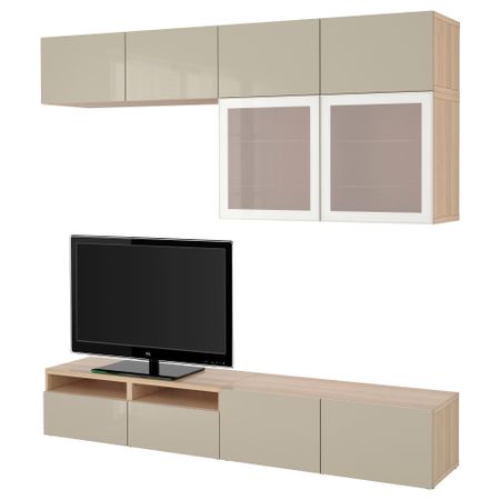 Шкаф для ТВ, комбинированный, стекляные дверцы БЕСТО, под беленый дуб, Сельсвикен глянцевый/бежевый матовое стекло (240x40x230