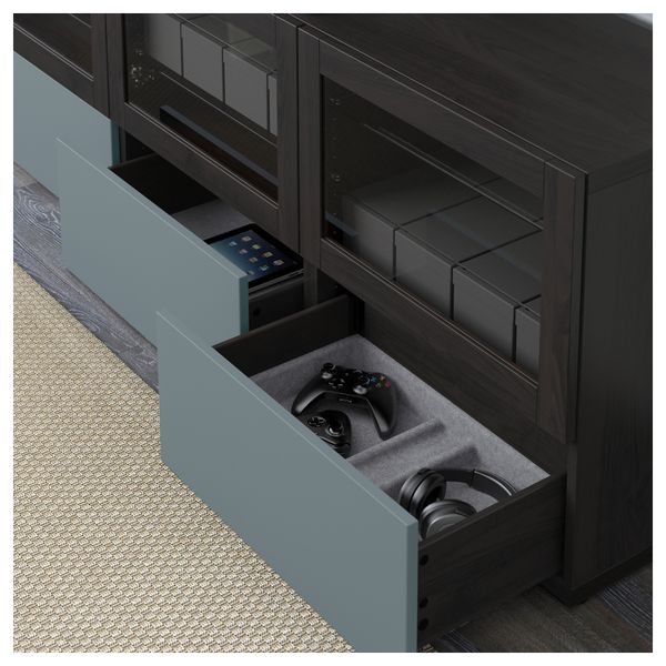 Тумба под ТВ, с дверцами и ящиками БЕСТО, черно-коричневый, Вальвикен серо-бирюзовый, прозрачное стекло (180x40x64 см) - фото 4