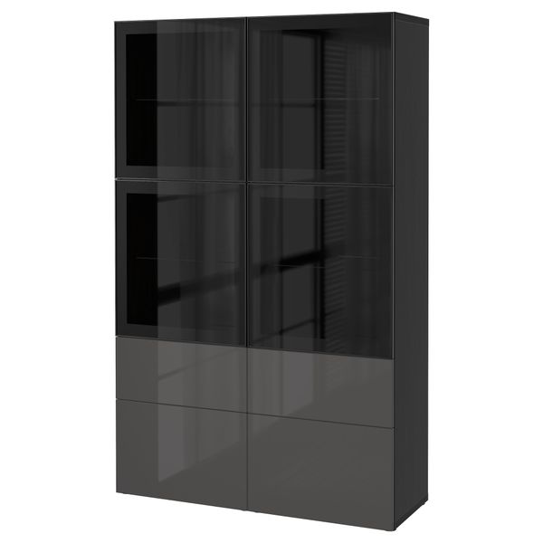 Комбинация для хранения со стеклянными дверцами БЕСТО, черно-коричневый, Сельсвикен глянцевый/серый прозрачное стекло - фото 1