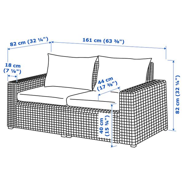 2-местный модульный диван, садовый, коричневый/Холло черный 161x82x82 см IKEA СОЛЛЕРОН 392.611.43 - схема-чертеж с размерами