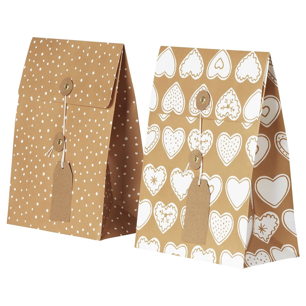 Подарочный пакет, орнамент «имбирное печенье»/орнамент «точки» коричневый 20x26 см/2.5 л IKEA VINTER 2020 ВИНТЕР 2020 204.742.53 - фото 1