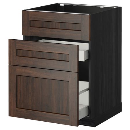Напольный шкаф под мойку + 3 фронтальных панели/2ящ, черный/Эдсерум коричневый 60x60 см IKEA МЕТОД / МАКСИМЕРА 092.347.16