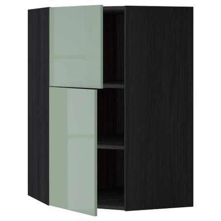 Угловой навесной шкаф + полки, 2 дверцы МЕТОД, черный, Калларп светло-зеленый (68x100 см)