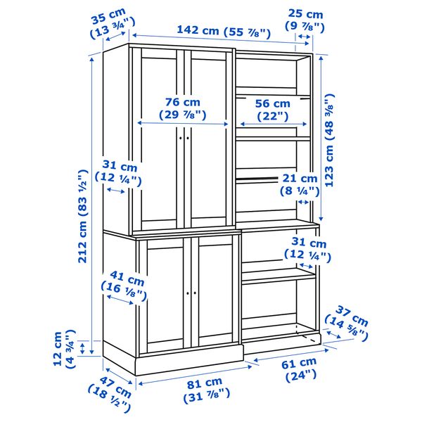 Комбинация для хранения, 142x47x212 см, белый IKEA HAVSTA ХАВСТА 792.751.38 - схема-чертеж с размерами