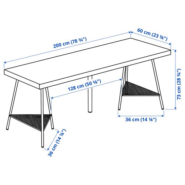 Письменный стол, черно-коричневый, белый, 200x60 см IKEA TILLSLAG ТИЛЛЬСЛАГ, LAGKAPTEN ЛАГКАПТЕН 594.176.81 - схема-чертеж с размерами