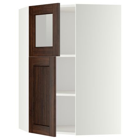 Угловой навесной шкаф + полки, 1 дверца, 1 стеклянные дверцы МЕТОД, белый, Эдсерум коричневый (68x100 см)