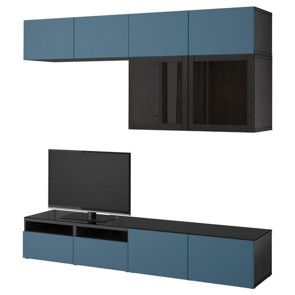 Шкаф для ТВ, комбинированный, стекляные дверцы БЕСТО, черно-коричневый Вальвикен, темно-синий прозрачное стекло (240x40x230 см) - фото 1