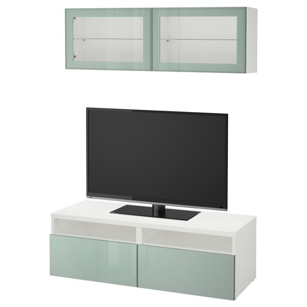 Шкаф для ТВ, комбинированный, стекляные дверцы БЕСТО, белый Сельсвикен, глянцевый/серо-зеленый светлый прозрачное стекло - фото 1