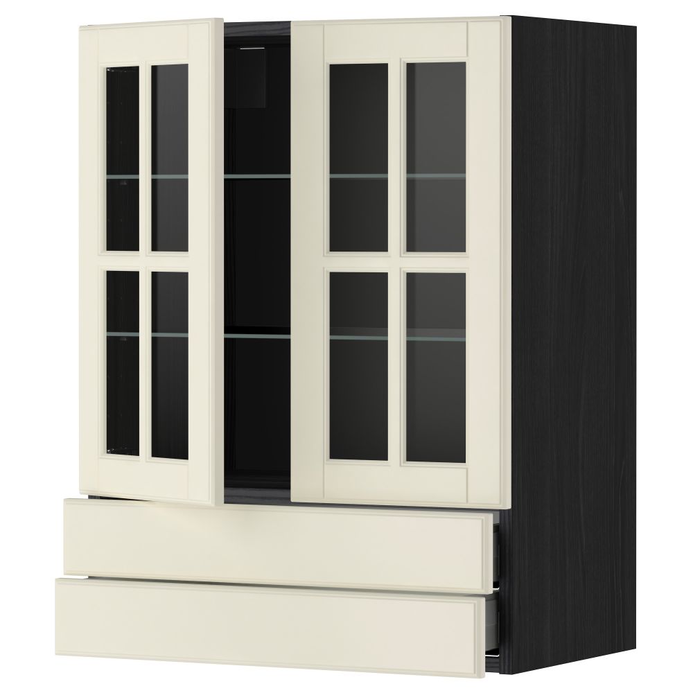Навесной шкаф, 2 стеклянные дверцы, 2 ящика МЕТОД / МАКСИМЕРА, черный, Будбин белый с оттенком - схема-чертеж с размерами