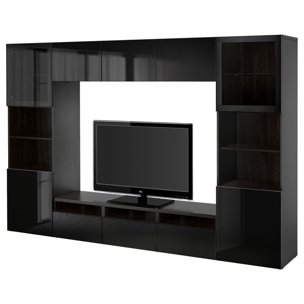 Шкаф для ТВ, комбинированный, стекляные дверцы БЕСТО, черно-коричневый, Сельсвикен глянцевый/черный прозрачное стекло - фото 1